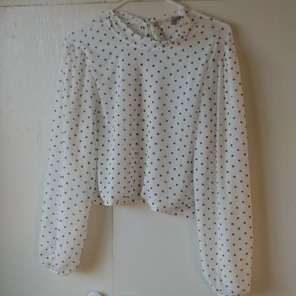 ASOS Long Sleeve Cropped White w/Black Polka Dots Top SZ 10 - Picture 1 of 11